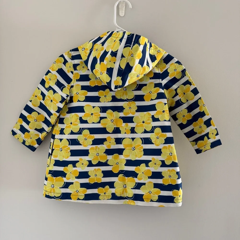 Gymboree Girls Hooded Raincoat Yellow Floral Navy Stripe Jacket Size‎ XS 3-4
